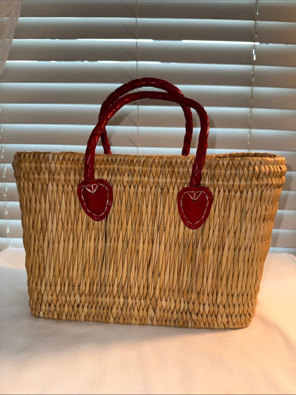 Moroccan Straw Tote Bag w/Red Handles, 11.5”Lx5.5"Wx8.5"H eco-friendly